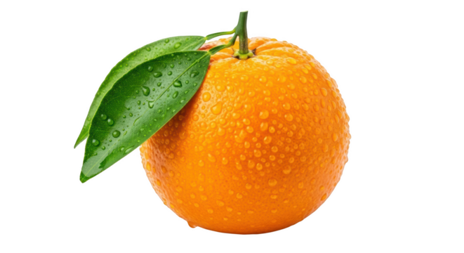 Fresh orange fruit with green leaves covered in water droplets isolated on a transparent background citrus