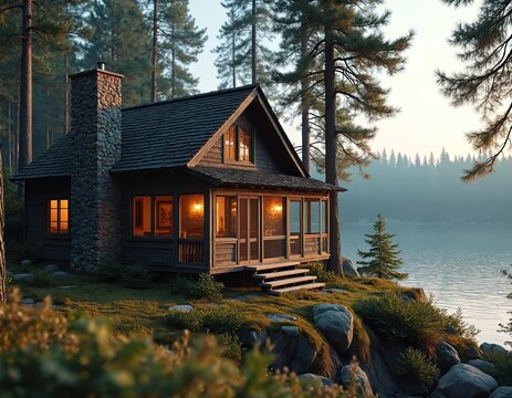 Cozy wooden cabin near lake. Warm lights glow from windows. Trees surround house. Relaxing retreat in nature at sunset. Peaceful waterfront vacation escape - Powered by Adobe