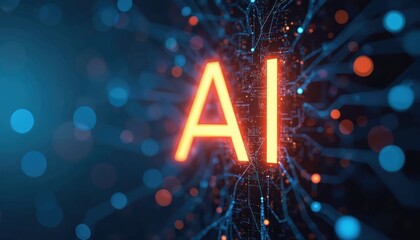 Bright glowing AI letters on dark blue background. Artificial intelligence text concept with bokeh lights. Modern tech design. Illustration for machine learning, neural networks, futuristic
