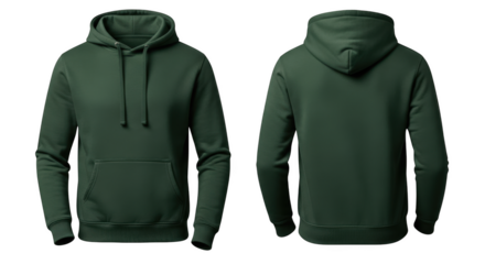 Front and back view of a dark green hooded sweatshirt with drawstrings and a kangaroo pocket isolated on a transparent background