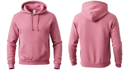 Front and back view of a pink hooded sweatshirt with drawstrings and a front pocket isolated on a transparent background