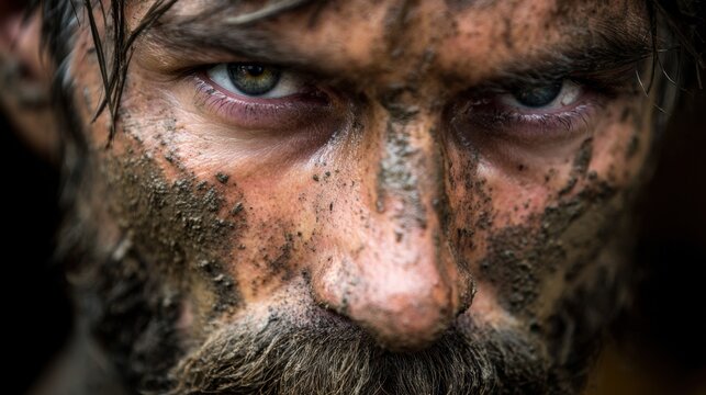 A man with a beard and muddy face is staring at the camera. Concept of ruggedness and toughness, as the man's appearance is covered in dirt and mud. The man's gaze is intense and focused