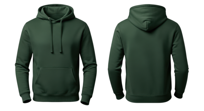 Front and back view of a dark green hooded sweatshirt with drawstrings and a kangaroo pocket isolated on a transparent background