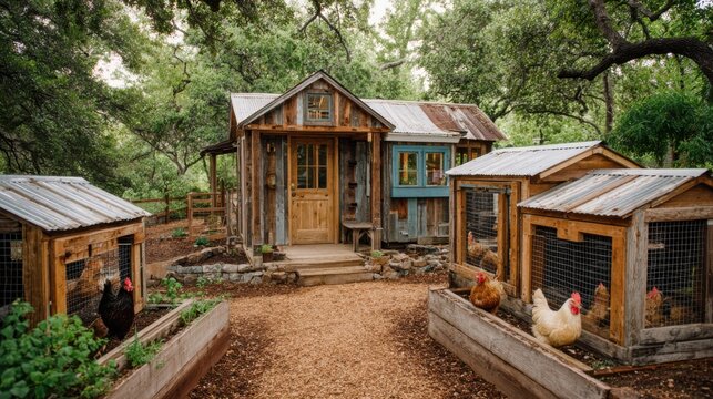 A small house with a chicken coop in front of it. The coop has a few chickens inside