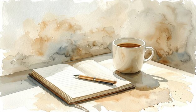 Cozy watercolor scene of a cup of coffee with a notebook and pen on a table bathed in soft morning light evoking calm reflection and peaceful creative inspiration - Powered by Adobe