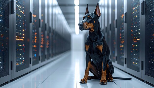 Doberman dog sitting in a server room surrounded by blinking lights, representing cybersecurity, data protection and guardian of digital infrastructure