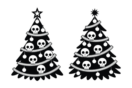Two stylized black Christmas trees decorated with skulls and ornaments against a white background.
