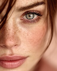 Fototapeta premium Close-up inviting freckled face with blue-green eyes and soft makeup for beauty marketing.