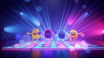 Cheerful group of animated mascots in bright yellow, purple, and blue, striking dynamic poses under disco lights, creating an atmosphere of playful party and happiness, ideal for children's content