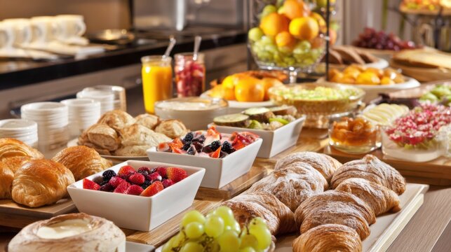 A buffet table with a variety of food, including fruit, pastries, and bread. The table is set up for a breakfast or brunch event