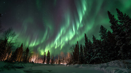 Christmas winter sky glowing with northern lights 