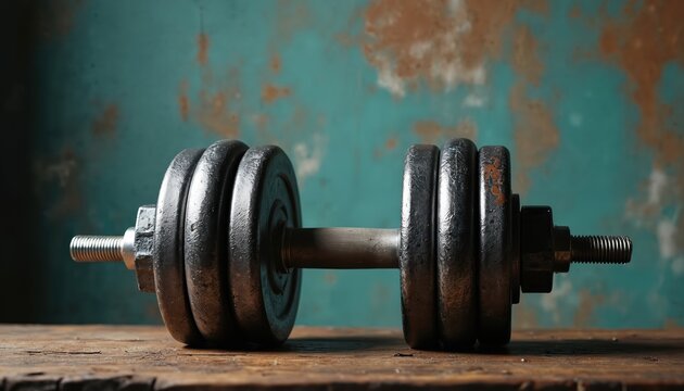 Dumbbell lies on wooden table. Weight training equipment for exercise and fitness. Sport equipment at home. Gym barbell for fit workout. Health sport concept. Healthy lifestyle on blue background.