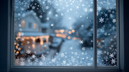 Christmas winter window view of falling snowflakes 