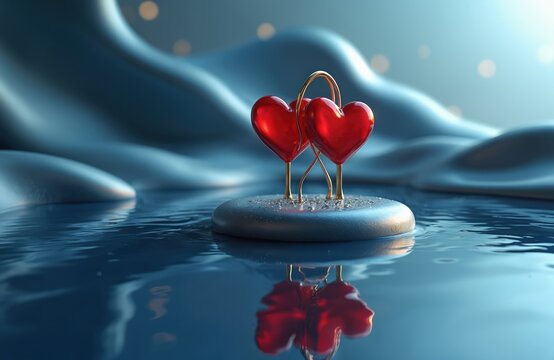 Two shiny red hearts connect with gold stands on small island. Reflect in calm blue water. Soft hills, bokeh lights create romantic, dreamlike background. Scene represents love, emotion, connection. - Powered by Adobe