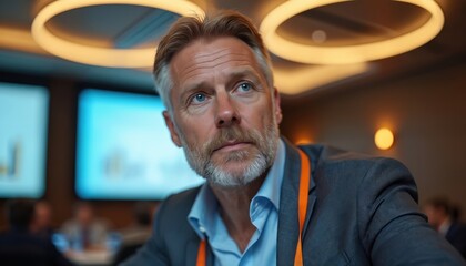 Mature man in suit listens attentively at business conference. He wears lanyard, looking off camera with thoughtful expression. Blurred background shows screens and attendees at event.