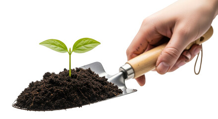 Hand holding trowel with soil and green seedling growing isolated on a transparent background sprout