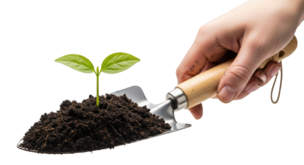 Hand holding trowel with soil and green seedling growing isolated on a transparent background sprout