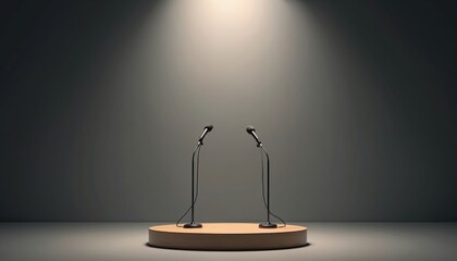 Two microphones stand on a circular wooden stage under bright spotlight. Empty podium awaits speakers for debate or presentation. Neutral background for focused talk.
