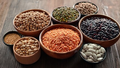 Fototapeta premium Variety Of Legumes Lentils Beans Plant Based Vegan Protein Source