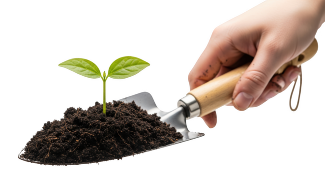 Hand holding trowel with soil and green seedling growing isolated on a transparent background sprout