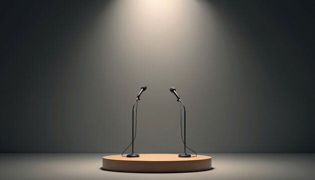 Two microphones stand on a circular wooden stage under bright spotlight. Empty podium awaits speakers for debate or presentation. Neutral background for focused talk. - Powered by Adobe