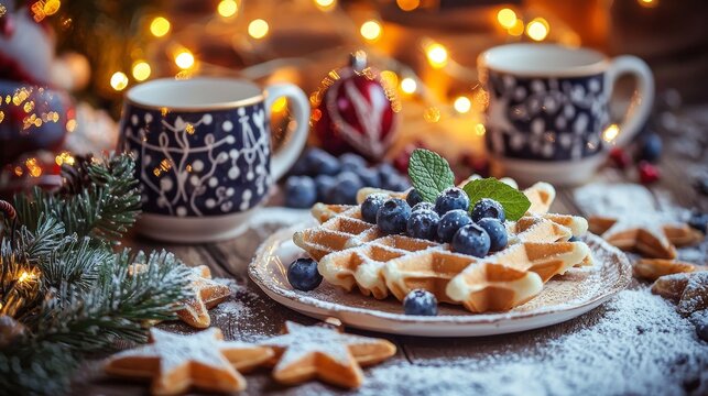 A wonderfully arranged and festive Christmas table adorned with candles, delicious cookies, and lovely greenery