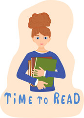 Colourful flat-style vector illustration of young woman holding a stack of books. She's dressed in a cozy sweater, beige background with phrase. Perfect for poster, library decor, book print.