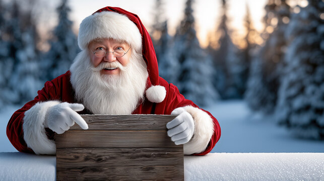 Santa Claus in red suit and white gloves smiling and pointing at a wooden board covered with snow, winter forest background and copy space