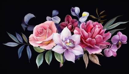 Watercolor Bouquet Of Roses With Orchid End Wild Peony On A Black Background Hand Drawing Illustration For Fabric
