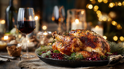 Festive Christmas dinner table with roasted turkey and red wine