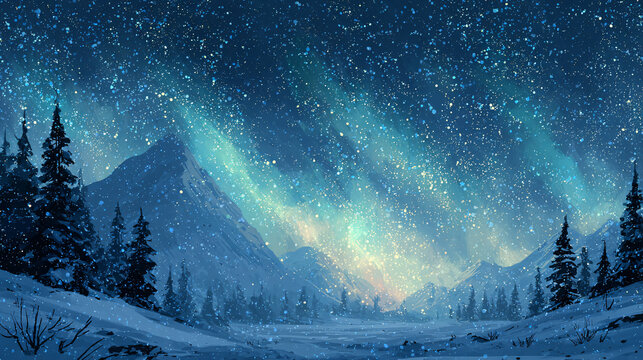 Frozen Christmas landscape with snowflakes and glowing aurora 