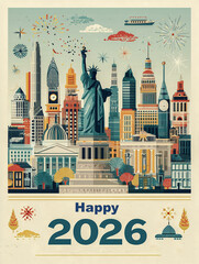 New York City skyline with the text: "Happy 2026". Portrait format for cards.