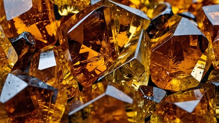Cluster of amber gemstones with rich golden reflections and detailed faceted crystal surfaces
