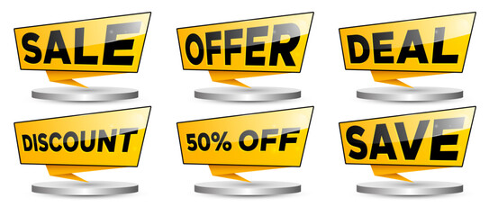 Yellow sale, offer, discount, deal, promotion labels set on transparent and white background – 3d modern marketing banners for shopping, e-commerce, and retail ads