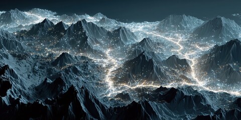 Futuristic network of glowing lines mapped over dark icy mountains for advanced technology business backgrounds.

