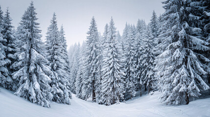 Fototapeta premium Peaceful Christmas forest covered in white snow 