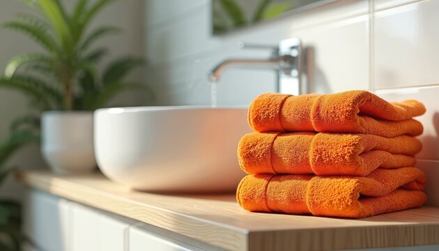Stack of soft orange towels near wash basin on counter. White stylish bathroom interior design. Plant decorates room. Modern home with sink, tiles, wooden surface. Comfort in a cozy apartment. - Powered by Adobe