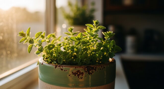 A Potted Plant Illuminated By Sunlight And Set Against A Windowed Interior