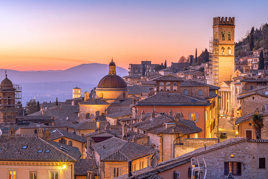 Assisi, Italy rooftop hilltop old Town at Dusk 1001 - Powered by Adobe