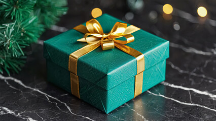 A beautifully wrapped green gift box adorned with a shiny golden ribbon rests on a dark marble surface. The festive colors and elegant design evoke excitement and anticipation, perfect for celebration