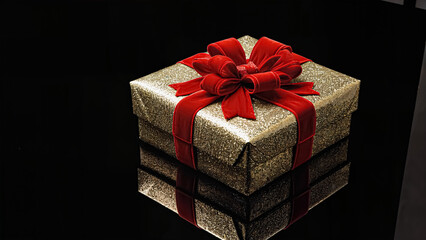 A beautifully wrapped gift sits elegantly on a glossy black surface. The shimmering gold paper is adorned with a vibrant red bow, symbolizing excitement and anticipation for the event ahead.