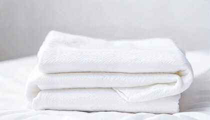 A neatly folded white towel rests on a soft, light-colored bedspread. The towel's fresh and clean appearance enhances the serene atmosphere of the room, inviting comfort and relaxation.