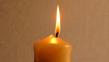 A warm yellow candle flickers softly against a neutral background, casting gentle light and shadows. Its serene glow creates a peaceful ambiance, perfect for relaxation and calming moments.