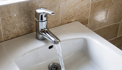 A sleek chrome faucet delivers a steady stream of clear water into a pristine white sink. The textured stone wall adds an elegant touch, highlighting the beauty of modern bathroom design and functiona
