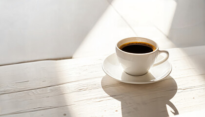 A simple white coffee cup sits elegantly on a wooden table, filled with rich, dark coffee. Soft sunlight streams in, creating warm shadows that enhance the cozy atmosphere, perfect for relaxation.