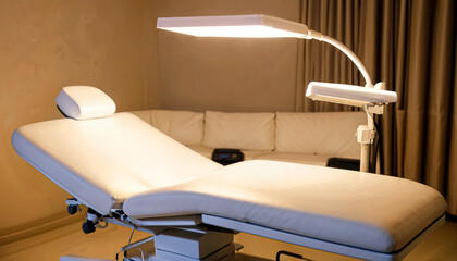 A modern examination room showcases a well-lit adjustable treatment bed alongside a comfortable sofa. The clean, neutral tones create a calming environment, ideal for patient care and consultations.  