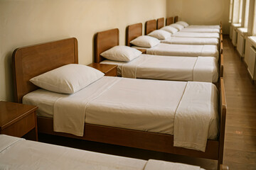 A row of neatly arranged single beds fills a simple dormitory room. Each bed is made with crisp white sheets and a pillow, creating a clean and inviting atmosphere for rest and relaxation.