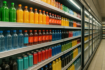 A colorful display of bottled beverages lines the shelves of a grocery store, showcasing a variety of drinks in vibrant hues. The organized arrangement invites customers to explore refreshing options.