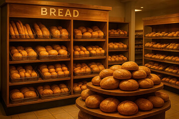 A charming bakery displays an assortment of freshly baked bread in wooden racks. The warm color of the loaves and inviting atmosphere make it a delightful spot for bread lovers.
