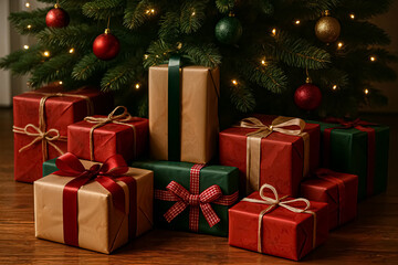 A charming display of beautifully wrapped presents rests beneath a decorated Christmas tree. The vibrant red, green, and gold colors enhance the festive atmosphere, inviting joy and excitement.